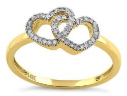 Double Heart Diamond Ring - Solid 14K Yellow Gold