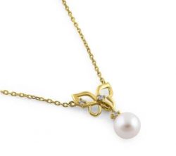 Butterfly Pearl Diamond Necklace - Solid 14K Gold
