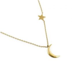 Crescent Moon & Star Necklace - Solid 14K Gold