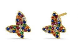 Colorful CZ Butterfly Stud Earrings - Yellow Gold Plated