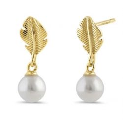 Feather with Pearl Dangle Earrings - Yello Gold Plated