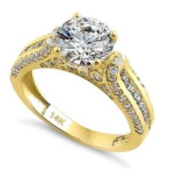 Majestic Round Cut CZ Engagement Ring - Solid 14K Yellow Gold