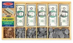 Play Money Set - Wooden Cash Drawer/300 Bills/250 Coins