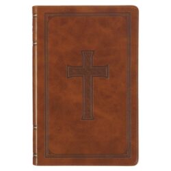KJV Holy Bible, Standard Size Faux Leather Red Letter Edition Thumb Index, Ribbon Marker, King James Version, Honey Brown Cross Emblem