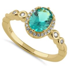 Gold Plated Oval Teal CZ Halo Ring