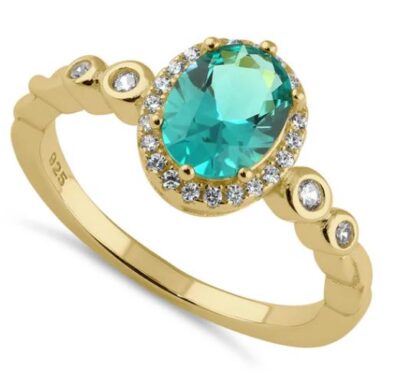 Gold Plated Oval Teal CZ Halo Ring