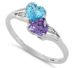 Double Heart Amethyst & Aquamarine CZ Ring