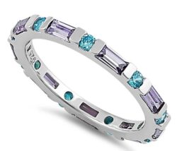 Aqua Blue & Amethyst Eternity CZ Ring