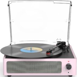 Vintage Vinyl Record Player w/Built-In Speakers (Pink)
