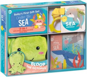 Baby's First Gift Set Under the Sea: Soft Baby Wash Mitt for Toddlers 1-3, Stroller Book, Waterproof Bath Books - Best Newborn Baby Gifts