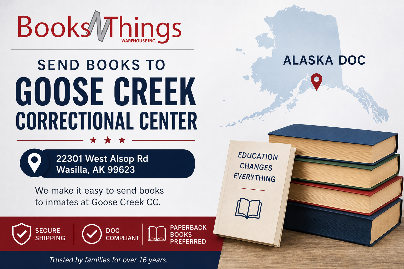 How to send books to inmates at Goose Creek Correctional Center in Alaska
